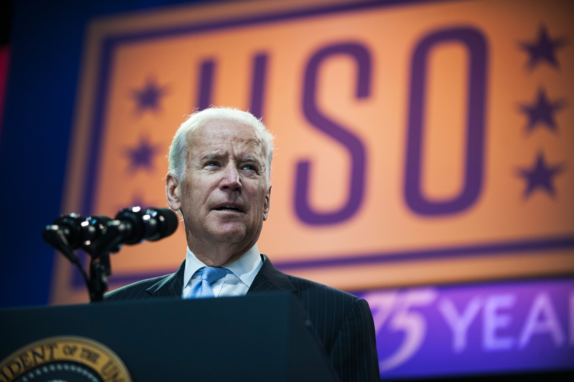 Vice President Joe Biden speaks at the ‘Celebration of Service’ comedy show on Joint Base Andrews, Md., May 5, 2016. The show celebrated Military Appreciation Month, the 5th Anniversary of Joining Forces and the 75th Anniversary of the USO. The event was hosted by comedian Jon Stewart and featured remarks from the President, Vice President, the First Lady and Dr. Biden. (U.S. Air Force photo by Airman 1st Class Philip Bryant)