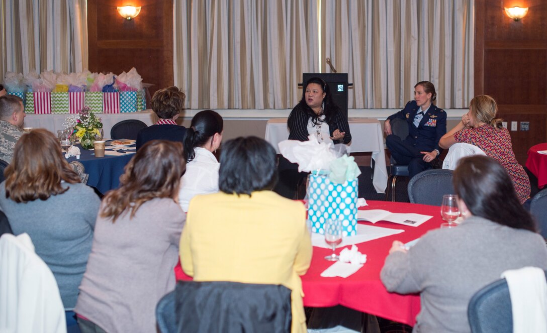 Military Spouse Appreciation Day luncheon guest speakers host a Q&A for attendees at The Club on Joint Base Andrews, Md., May 6, 2016. Some of the questions asked dealt with professional development, most memorable experiences and work-life balance. (U.S. Air Force photo by Senior Airman Ryan J. Sonnier/RELEASED)
