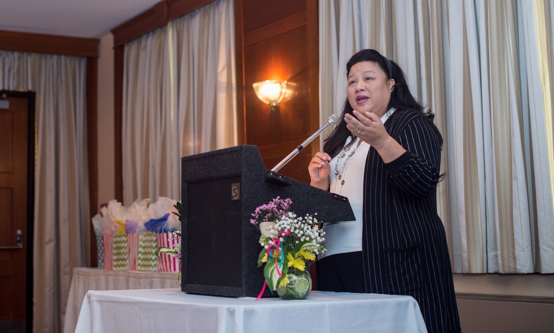 Sue Hoppin, National Military Spouse Network founder and president, speaks to spouses during a Military Spouse Appreciation Day luncheon at The Club on Joint Base Andrews, Md., May 6, 2016. Hoppin discussed the importance of networking and having a work-life balance. (U.S. Air Force photo by Senior Airman Ryan J. Sonnier/RELEASED)