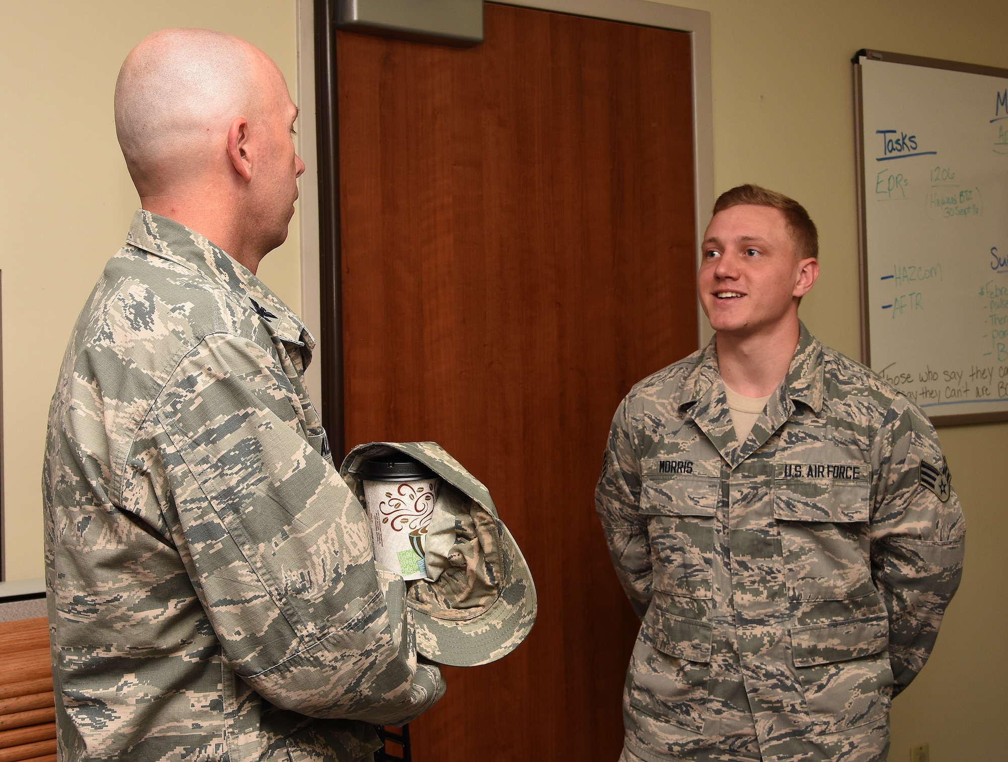 Senior Airman Nathaniel Morris, 341st Medical Group medical technician, briefs Col Ronald G. Allen, Jr., 341st Missile Wing commander, on the procedures they follow May 6, 2016, at Malmstrom Air Force Base, Mont. Allen visited the nurses for National Nurse and Technician Appreciation week, May 6-12. (U.S. Air Force photo/Senior Airman Jaeda Tookes)
