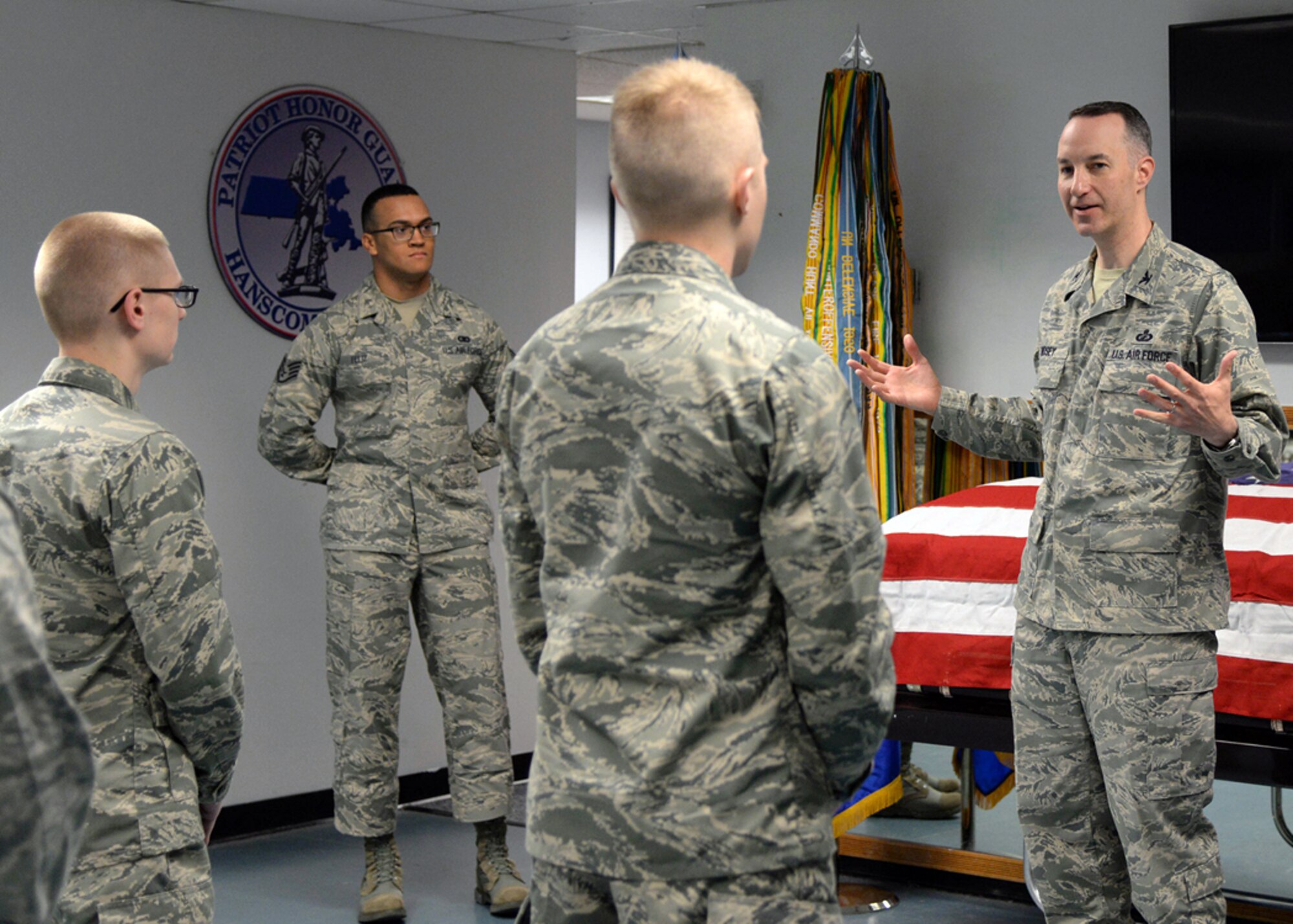 Col. Jason E. Lindsey, Strategic Warning and Surveillance Systems Division deputy, meets with members of the Patriot Honor Guard team at Hanscom Air Force Base, Mass., May 5. The colonel, who was assigned to Hanscom as a lieutenant in the late 1990s and a members of the Honor Guard team, discussed the role his involvement in the team had on his career. (U.S. Air Force photo by Linda LaBonte Britt)

