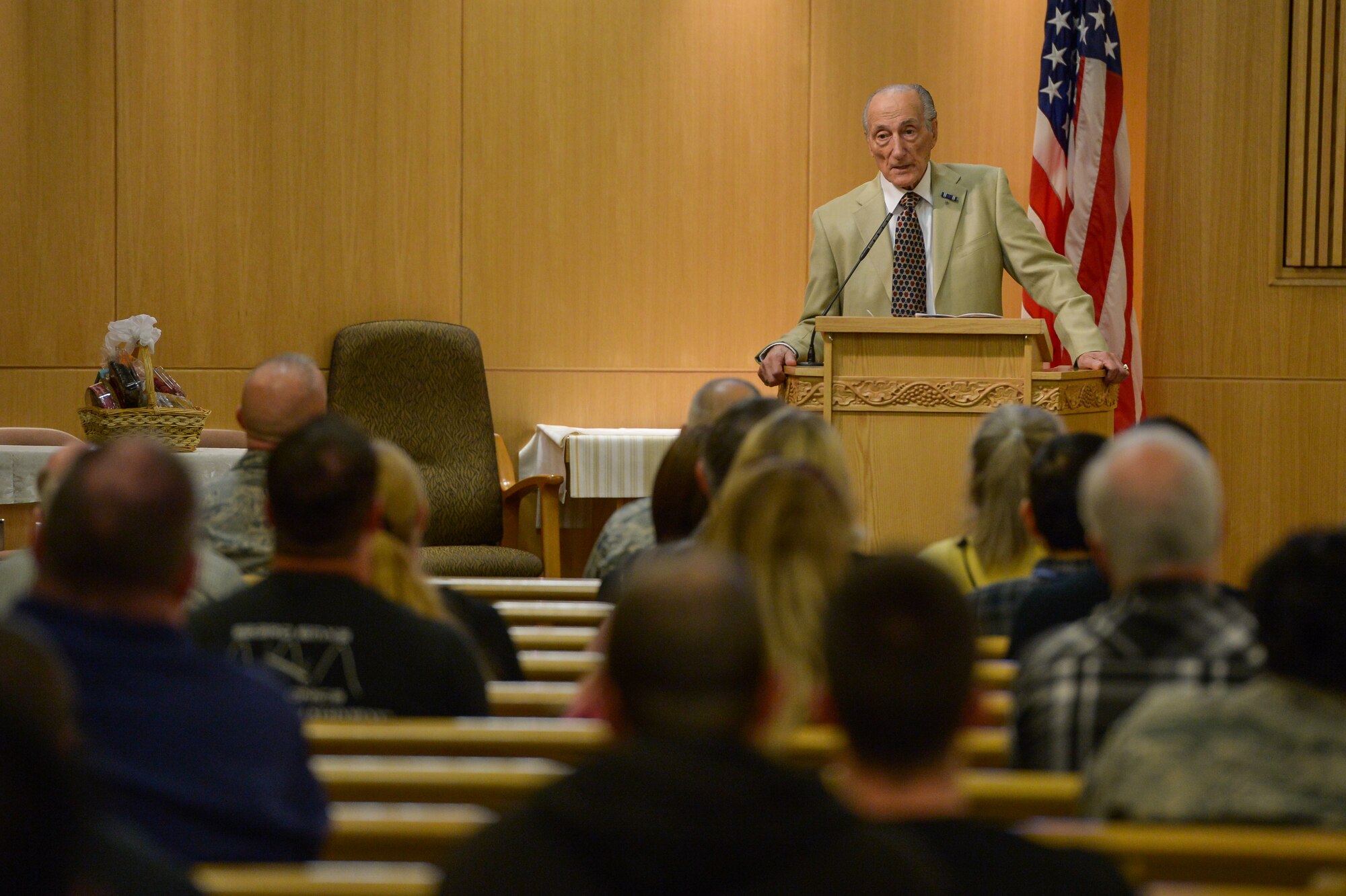 Holocaust survivor, Jerry Meents, speaks during a Holocaust Remembrance Day Service, Hill Air Force Base, Utah, May 3, 2016. Meents shared his experiences of living in German-occupied Amsterdam.The Day of Remembrance Ceremony is a time to remember the victims who perished at the hands of evil, to remember those who risked their lives to save another human being, and to honor the survivors who lived through the horrors of the holocaust. (Air Force photo by R. Nial Bradshaw)