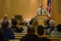 Holocaust survivor, Jerry Meents, speaks during a Holocaust Remembrance Day Service, Hill Air Force Base, Utah, May 3, 2016. Meents shared his experiences of living in German-occupied Amsterdam.The Day of Remembrance Ceremony is a time to remember the victims who perished at the hands of evil, to remember those who risked their lives to save another human being, and to honor the survivors who lived through the horrors of the holocaust. (Air Force photo by R. Nial Bradshaw)