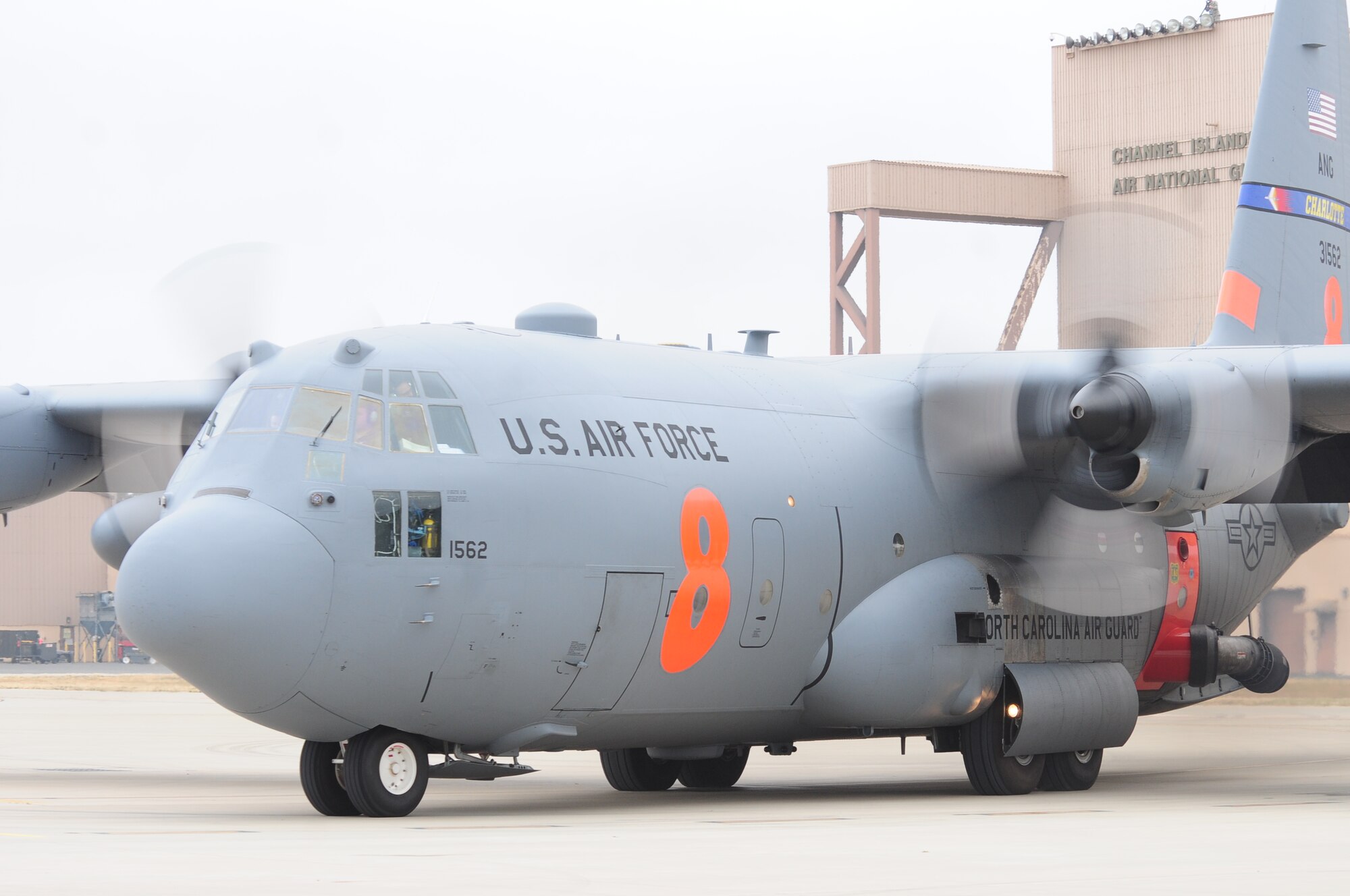 145th Airlift Wing C-130H from Charlotte, N.C. taxis in during firefighting training at the 146th Airlift Wing in Port Hueneme, California on May 4, 2016. Air National Guard and Reserve units from across the U.S. convened for MAFFS (Modular Airborne Fire Fighting Systems)annual certification and training this week to prepare for the upcoming fire season in support of U.S. Forest Service. (U.S. Air National Guard photo by Senior Airman Madeleine Richards)

