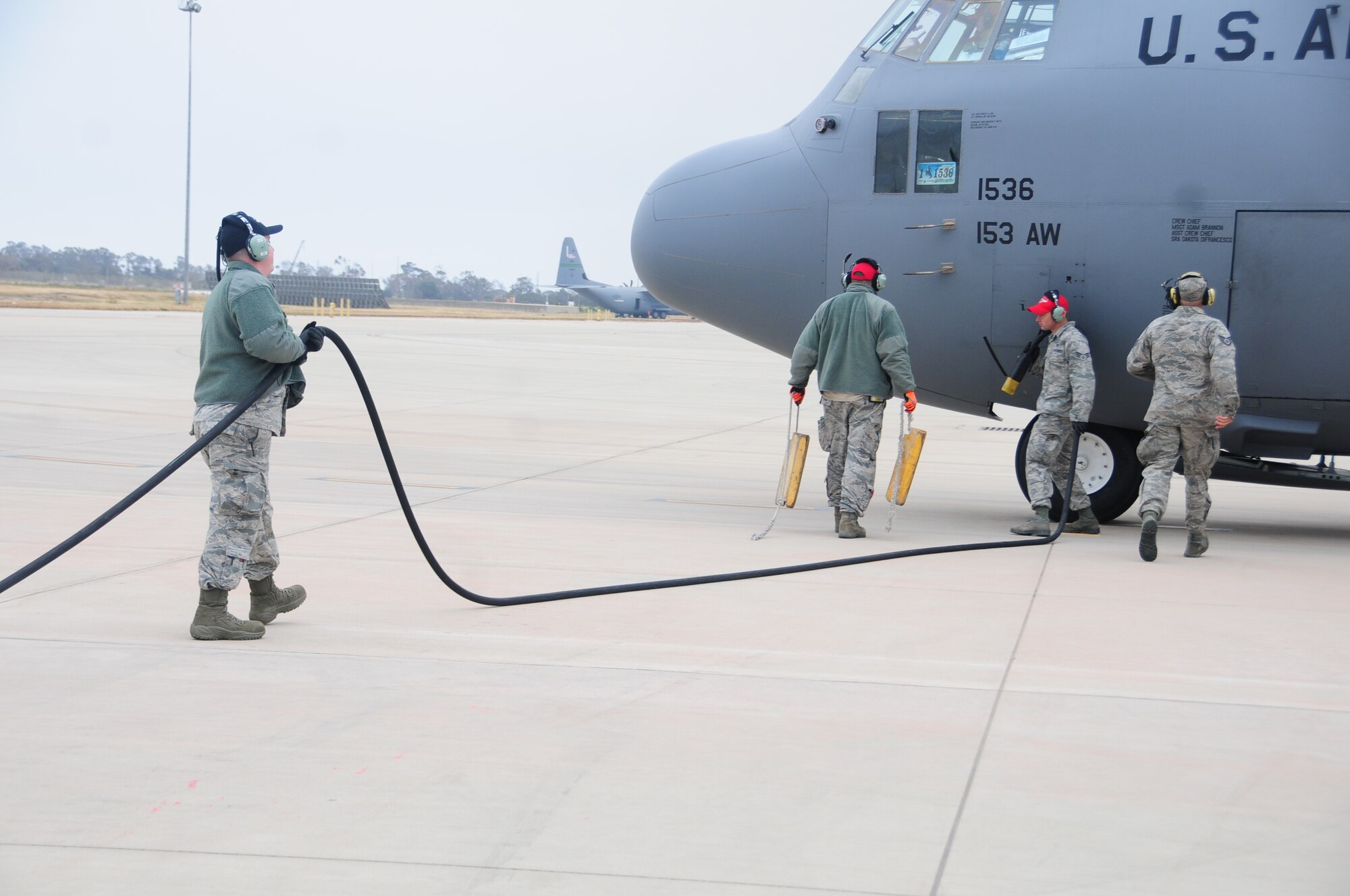 U.S. Air National Guard members from the 153rd Airlift Wing in Cheyenne, Wyoming refuel a C-130 during wildland firefighting training at the 146th Airlift Wing in Port Hueneme California on May 4, 2016. Air National Guard and Reserve units from across the U.S. convened for MAFFS (Modular Airborne Fire Fighting Systems)annual certification and training this week to prepare for the upcoming fire season in support of U.S. Forest Service. (U.S. Air National Guard photo by Senior Airman Madeleine Richards/Released)


