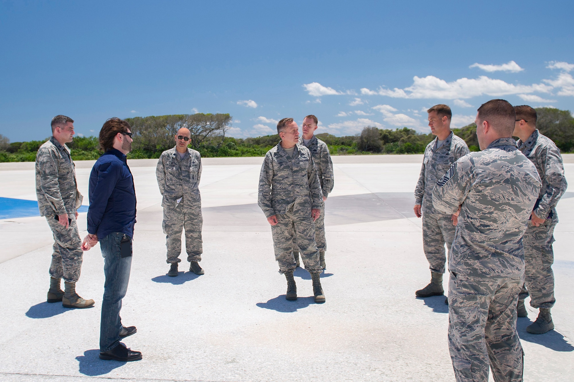 Lt. Gen. David J. Buck, commander, 14th Air Force (Air Forces Strategic), Air Force Space Command; and commander, Joint Functional Component Command for Space, U.S. Strategic Command, looks around SpaceX’s landing zone 1 during a tour of Cape Canaveral Air Force Station May 5, 2016. Buck and Chief Master Sgt. Craig Neri, 14th AF command chief and command senior enlisted leader for JFCC Space, visited Patrick Air Force Base and Cape Canaveral Air Force Station May 4 and 5 and gained insight into the contributions Airmen across the wing make to keep the 45th Space Wing the World's Premier Gateway to Space. (U.S. Air Force photo by Matthew Jurgens/Released)