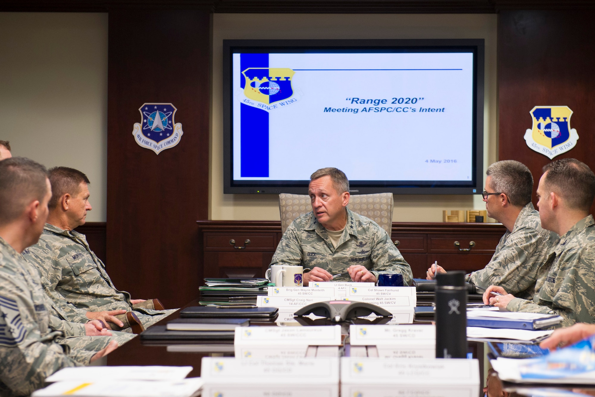 Lt. Gen. David J. Buck, commander, 14th Air Force (Air Forces Strategic), Air Force Space Command; and commander, Joint Functional Component Command for Space, U.S. Strategic Command, gives a brief on the Launch Range Enterprise May 4, 2016, at Patrick Air Force Base, Florida. Buck and Chief Master Sgt. Craig Neri, 14th AF command chief and command senior enlisted leader for JFCC Space, visited Patrick Air Force Base and Cape Canaveral Air Force Station May 4 and 5 and gained insight into the contributions Airmen across the wing make to keep the 45th Space Wing the World's Premier Gateway to Space. (U.S. Air Force photo by Matthew Jurgens/Released)