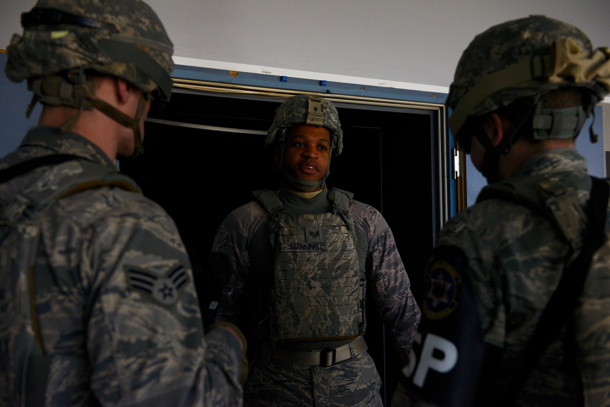 Staff Sgt. Jeremy Manning, 569th U.S. Forces Police Squadron unit training instructor, briefs Airmen on phase one of active-shooter training at Vogelweh Military Complex, Germany, May 5, 2016. Manning and other training instructors guided the Airmen through the three-phase training, ensuring they had the best possible training and followed procedures. (U.S. Air Force photo/ Airman 1st Class Joshua Magbanua)