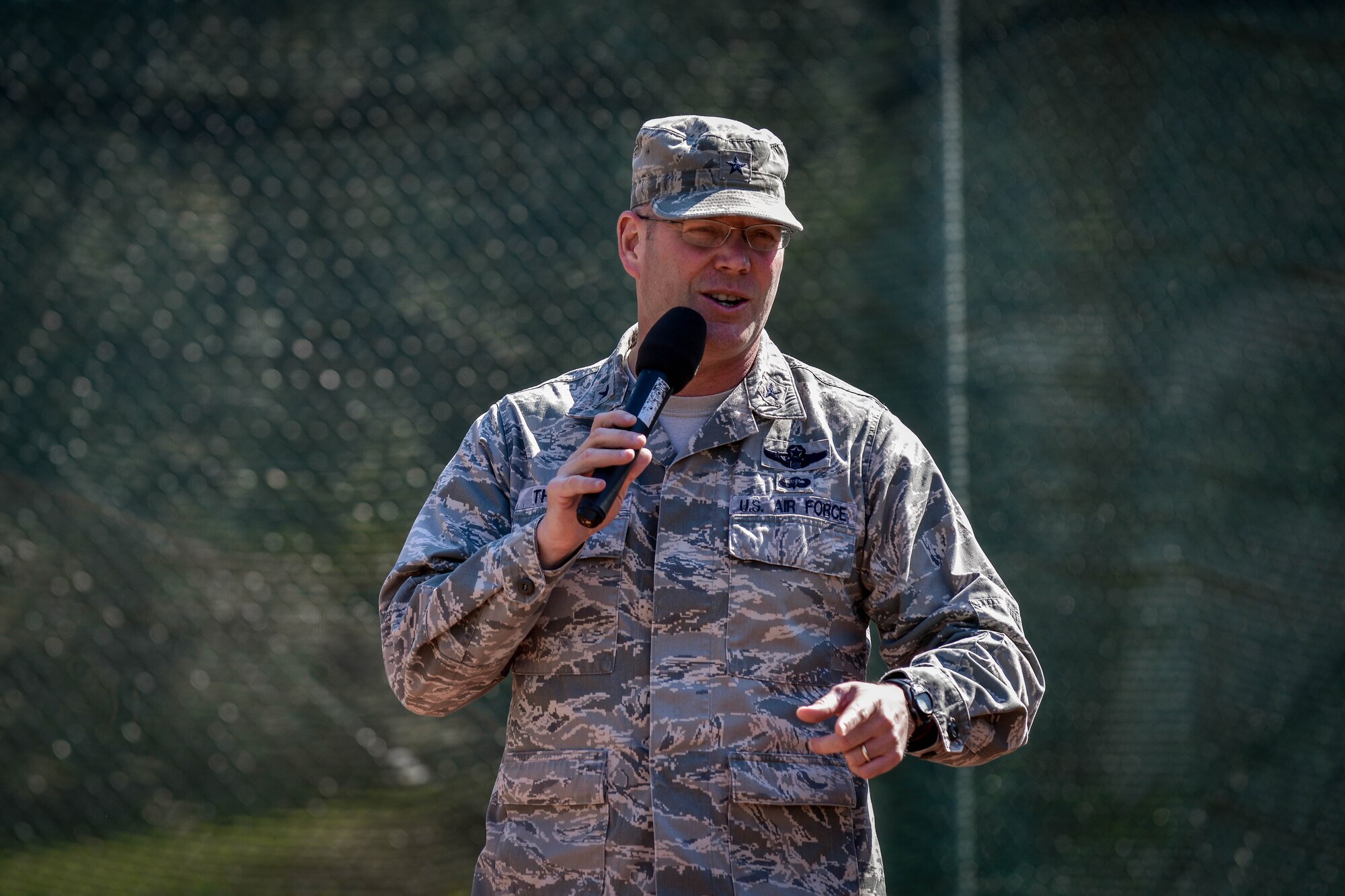 Brig. Gen. Jon T. Thomas, 86th Airlift Wing commander gives opening comments during an adaptive-sports softball game May 2, 2016, at Ramstein Air Base, Germany.  More than 20 Ramstein and Kaiserslautern middle and high school students participated in the seasonal event. (U.S. Air Force photo/Senior Airman Nicole Keim)