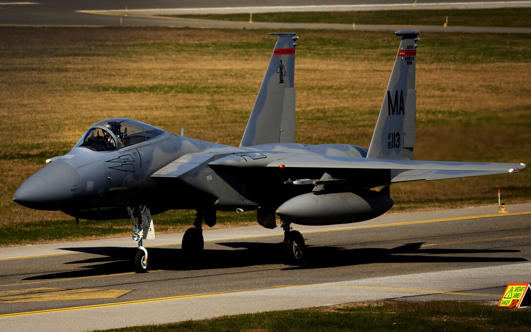 A U.S. F-15C Eagle taxis after arrival at Amari Air Base, Estonia, in support of exercise Spring Storm May 4, 2016. The 131st Expeditionary Fighter Squadron will fly with the Estonian Defense Force and Polish air force to improve allied air operations and interoperability in a realistic training environment. (U.S. Air Force photo by Tech. Sgt. Matthew Plew/Released)