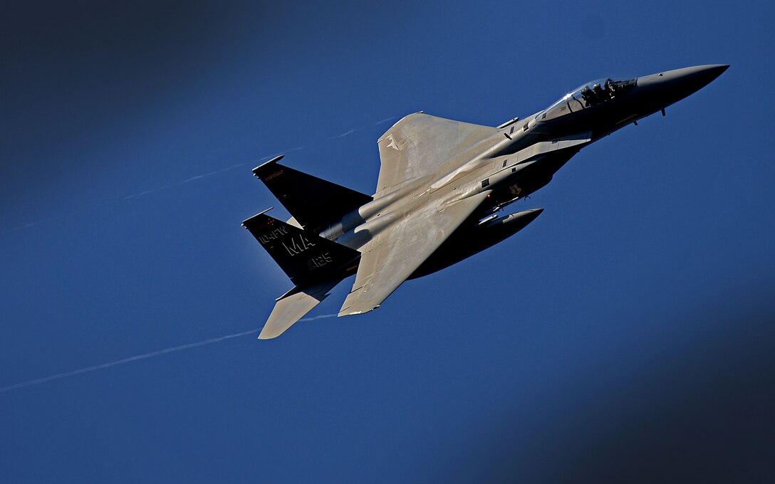 A U.S. F-15C Eagle soars above Amari Air Base, Estonia, in support of exercise Spring Storm May 4, 2016. The 131st Expeditionary Fighter Squadron will fly with the Estonian Defense Force and Polish air force to improve allied air operations and interoperability in a realistic training environment. (U.S. Air Force photo by Tech. Sgt. Matthew Plew/Released)