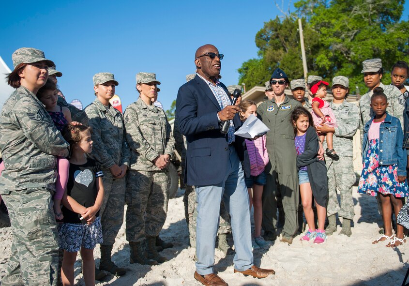 Team Eglin military moms and their children join Today Show weatherman, Al Roker, for a live TV Mother’s Day segment during the 96th Force Support’s Mission Breakfast May 4 at Eglin Air Force Base, Fla. (U.S. Air Force Photo/Ilka Cole)