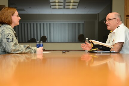 Royal Australian Navy Commodore David Greaves, Australian Chief Information Officer Group strategic communications branch commander, answers questions during an interview at U.S. Strategic Command (USSTRATCOM) Headquarters, Offutt Air Force Base, Neb., May 6, 2016. While here, Greaves held discussions with senior leaders and subject matter experts from USSTRATCOM's command, control, communications, and computers (C4) directorate, on the status of current satellite communications agreements between Australia and the U.S., as well as future arrangements. The visit is part of USSTRATCOM'S ongoing effort to build, sustain and support partnerships with allied nations. One of nine DoD unified combatant commands, USSTRATCOM has global strategic missions, assigned through the Unified Command Plan, which include strategic deterrence; space operations; cyberspace operations; joint electronic warfare; global strike; missile defense; intelligence, surveillance and reconnaissance; combating weapons of mass destruction; and analysis and targeting. (U.S. Navy photo by Mass Communication Specialist 1st Class Byron C. Linder/Released)