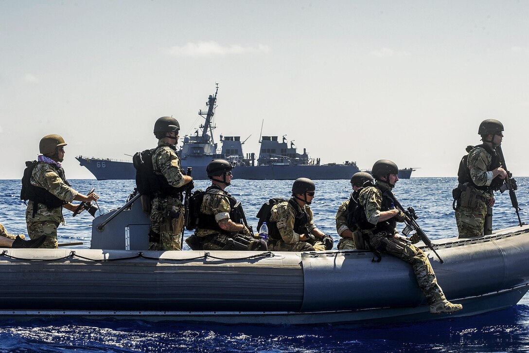 Members of the visit, board, search, and seizure team for the USS Gonzalez operate a rigid-hull inflatable boat in the Gulf of Aden, April 26, 2016. The guided-missile destroyer is supporting Operation Inherent Resolve, maritime security operations and theater security cooperation efforts in the U.S. 5th Fleet area of operations. Navy photo by Petty Officer 3rd Class Pasquale Sena