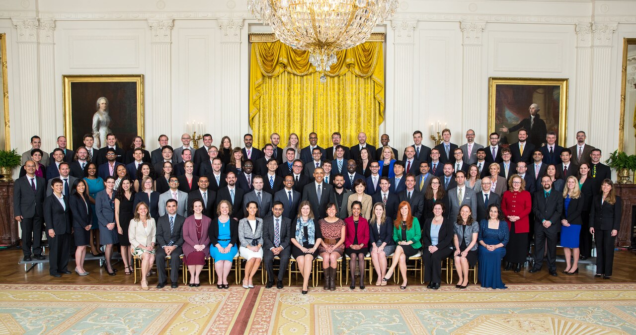 President Barack Obama joins recipients of the Presidential Early Career Award for Scientists and Engineers for a group photo in the East Room of the White House, May 5, 2016. Official White House photo by Lawrence Jackson