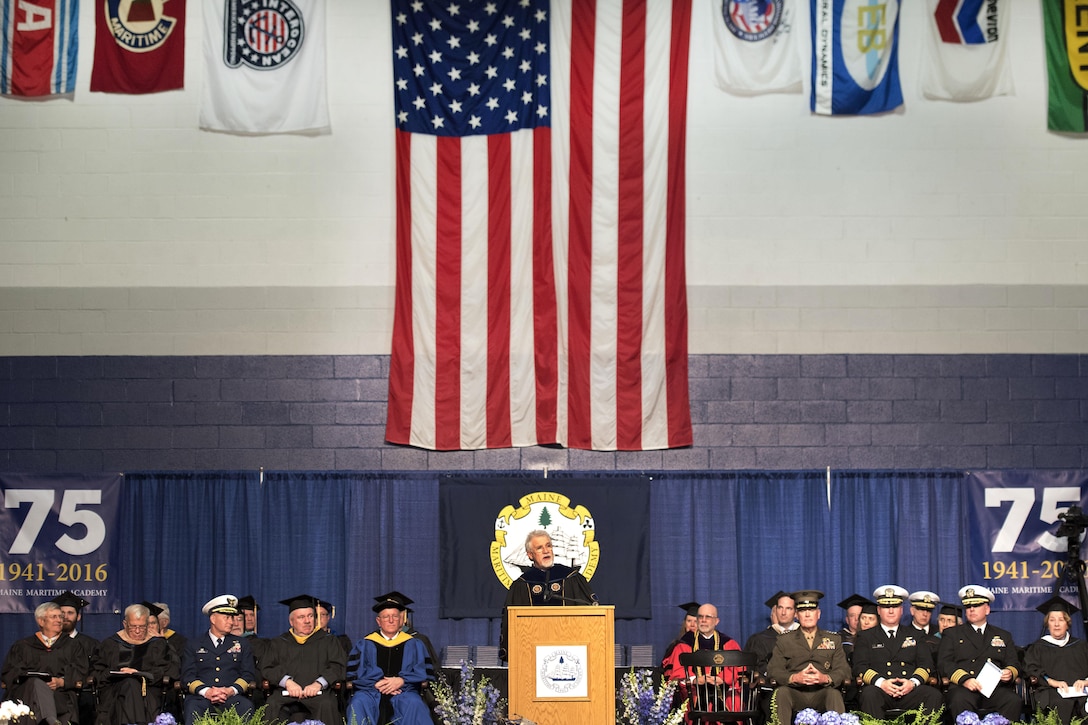 Dr. William J. Brennan, president of the Maine Maritime Academy, introduces Marine Corps Gen. Joe Dunford, chairman of the Joint Chiefs of Staff, as the keynote speaker during the 2016 Maine Maritime Academy commencement in Castine, Maine, May 7, 2016. DoD photo by Navy Petty Officer 2nd Class Dominique A. Pineiro