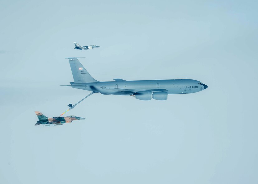 U.S. Air Force Jan Stahl, 64th Aggressor Squadron pilot from Nellis Air Force Base, Nevada, refuels while augmenting the 18th Aggressor Squadron May 3, 2016, during RED FLAG-Alaska (RF-A) 16-1 at Eielson Air Force Base, Alaska. Pilots from both squadrons augment RF exercises to help broaden their flying skill sets and to help train DoD and partner nation pilots. (U.S. Air Force photo by Staff Sgt. Shawn Nickel/Released)