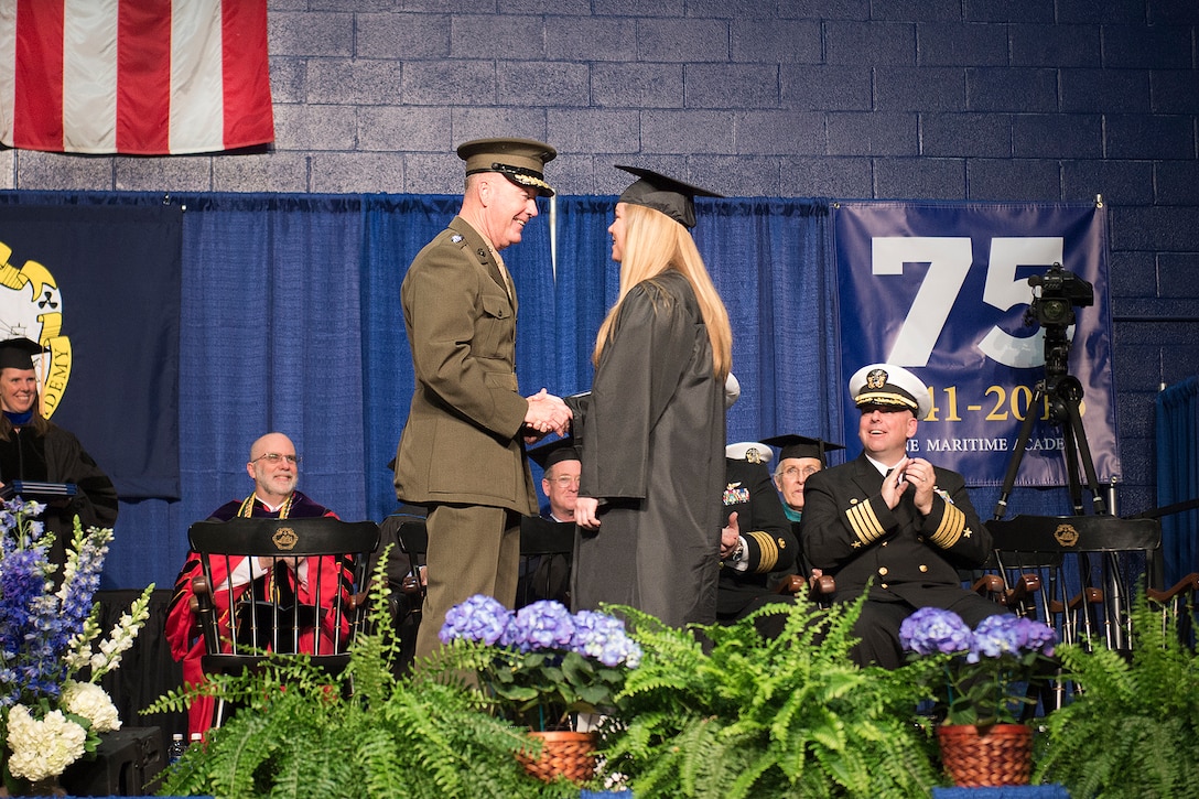 Marine Corps Gen. Joe Dunford, chairman of the Joint Chiefs of Staff, congratulates his niece, Patricia Dunford, during the 2016 Maine Maritime Academy commencement at Alexander Field House in Castine, Maine, May 7, 2016. DoD photo by Navy Petty Officer 2nd Class Dominique A. Pineiro