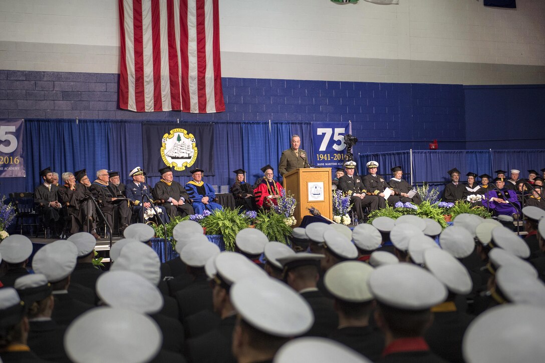 Marine Corps Gen. Joe Dunford, chairman of the Joint Chiefs of Staff, speaks to Maine Maritime cadets, students and family members during the 2016 Maine Maritime Academy commencement in Castine, Maine, May 7, 2016. DoD photo by Navy Petty Officer 2nd Class Dominique A. Pineiro