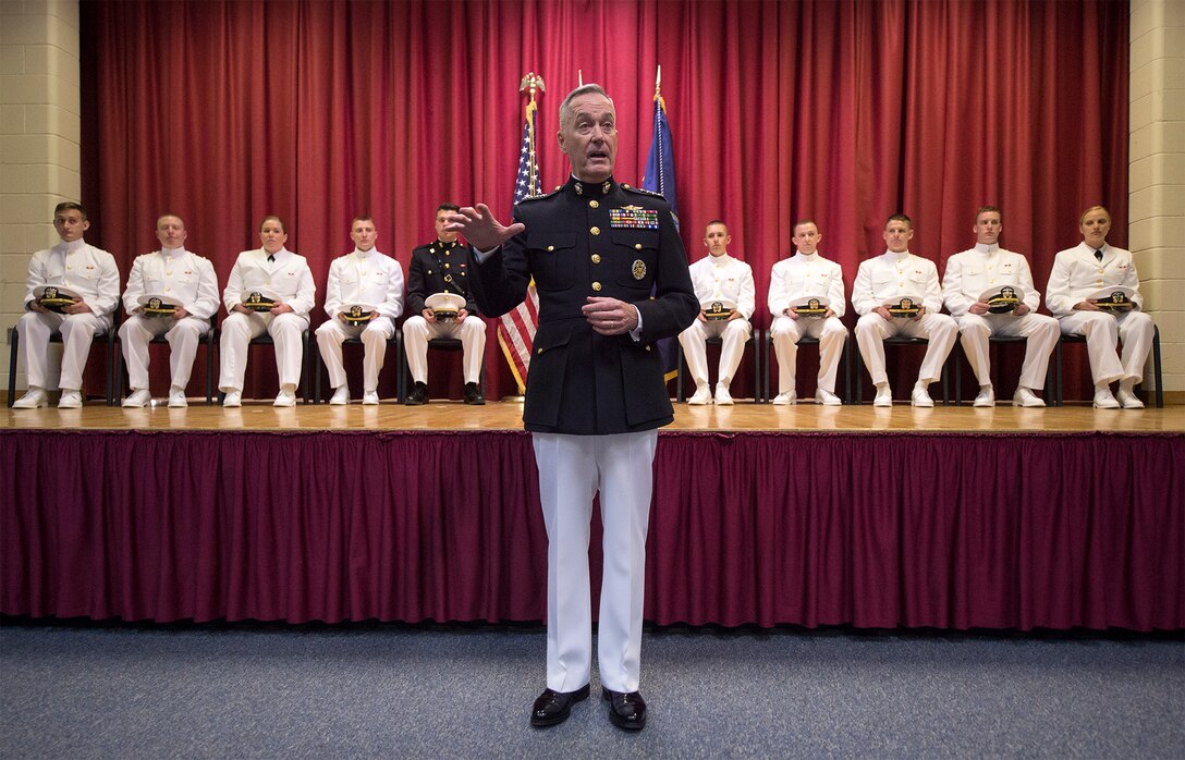 Marine Corps Gen. Joe Dunford, chairman of the Joint Chiefs of Staff, addresses the audience after conducting an oath of office to the Maine Maritime Academy Naval Reserve Officer Training Corps graduating midshipmen during a commissioning ceremony at Alexander Field House in Castine, Maine, May 7, 2016. DoD photo by Navy Petty Officer 2nd Class Dominique A. Pineiro