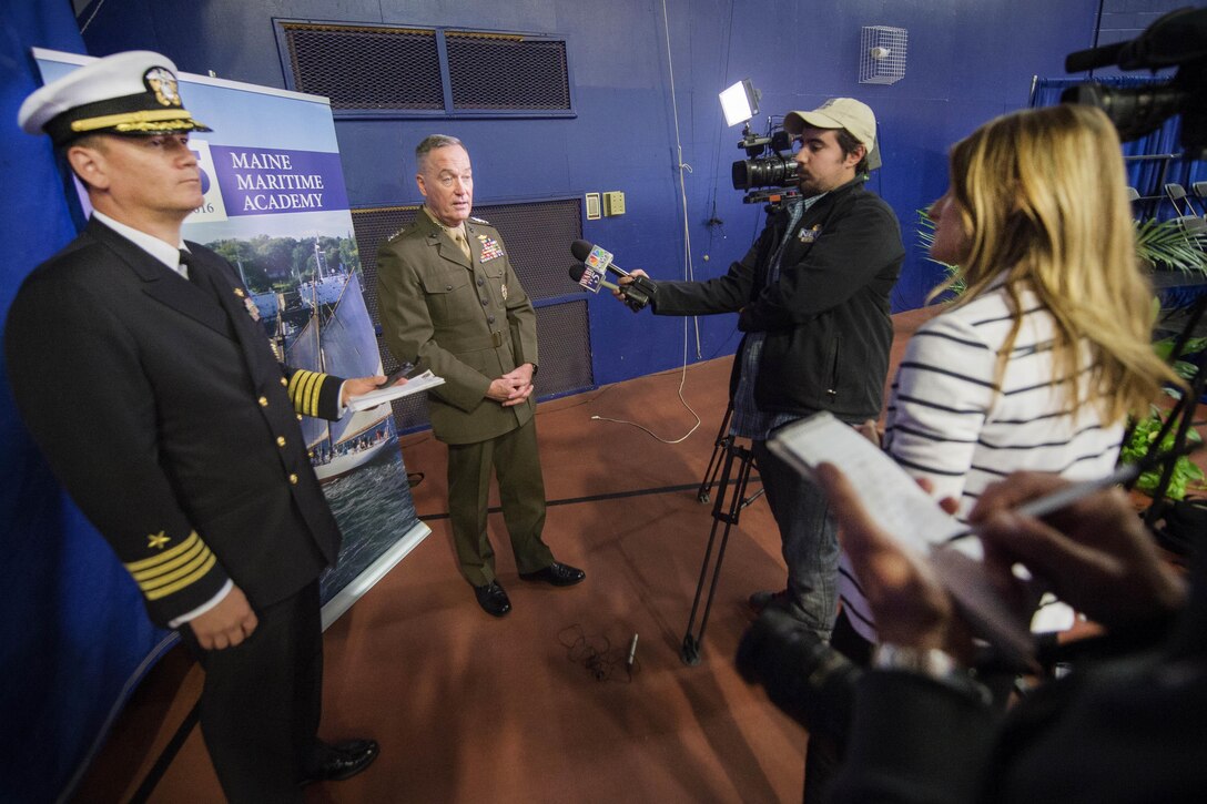 Marine Corps Gen. Joe Dunford, chairman of the Joint Chiefs of Staff, is interviewed by local media following the 2016 Maine Maritime Academy commencement at Alexander Field House in Castine, Maine, May 7, 2016. DoD photo by Navy Petty Officer 2nd Class Dominique A. Pineiro
