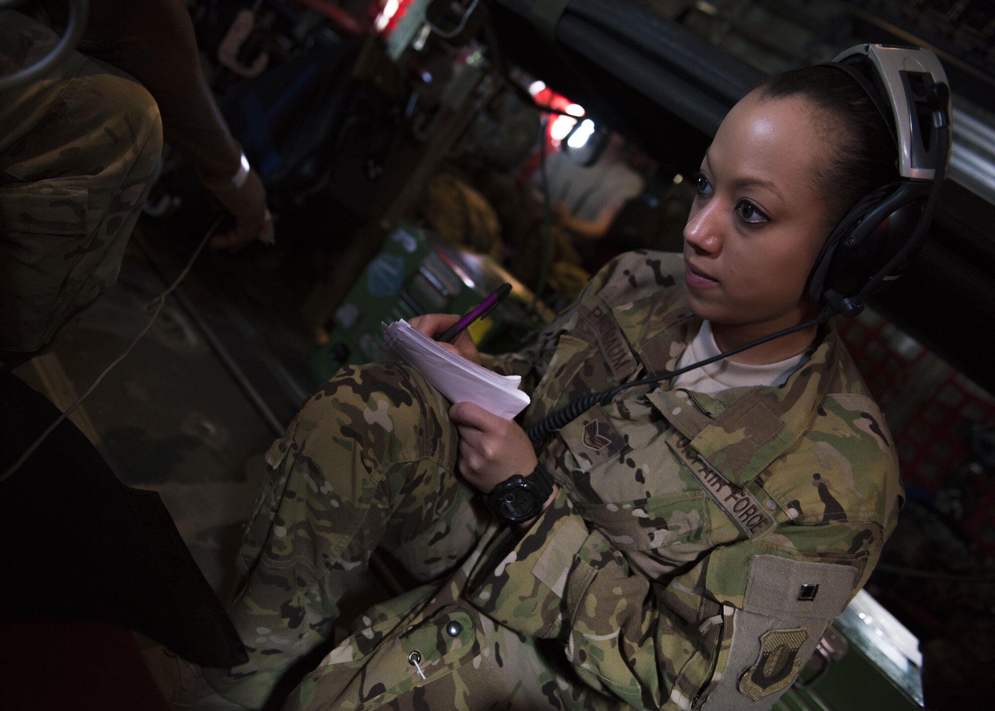 Staff Sgt. Marissa Pickraum, 455th Expeditionary Aeromedical Evacuation Squadron, checks a patients vital signs on a C-130J Super Hercules at Bagram Airfield, Afghanistan, May 05, 2016. Members of the 455th Expeditionary Aeromedical Evacutation Squadron routinely move critically ill servicemembers after they’ve been stabilized or received damage-control surgery. (U.S. Air Force photo by Senior Airman Justyn M. Freeman)