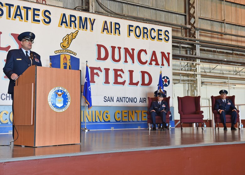 Brig. Gen. Lee E. Payne, former Air Force Medical Operations Agency commander, remarks on his time as the commander and importance of the agency’s mission during a change of command May 6 at nearby Port San Antonio. Lt. Gen. Mark A. Ediger, Surgeon General of the Air Force, officiated the ceremony. (U.S. Air Force photo / Tech. Sgt. Christopher Carwile)