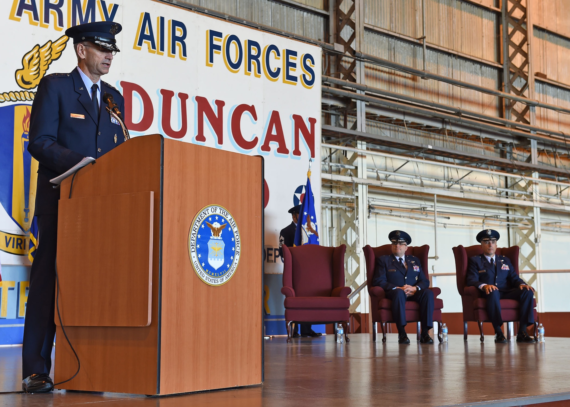 Lt. Gen. Mark A. Ediger, Surgeon General of the Air Force, speaks to members of the military medical community during the May 6 Air Force Medical Operations Agency change-of-command ceremony at nearby Port San Antonio. (U.S. Air Force photo / Tech. Sgt. Christopher Carwile.)