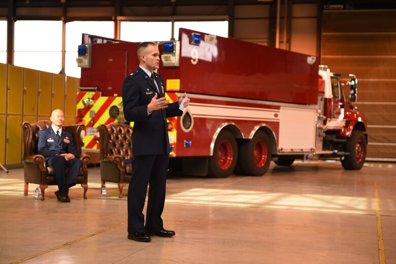 Lt. Col. Gibb Little, commander 423rd Civil Engineer Squadron, speaks about his time in the U.S. Air force at his promotion ceremony April 1, 2016, on RAF Alconbury, United Kingdom. Little gained much of his leadership insight from his parents.