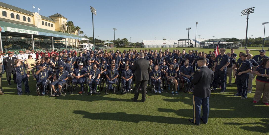 Deputy Defense Secretary Bob Work speaks to U.S. athletes before the Invictus Games 2016 opening ceremony in Orlando, Fla., May 8, 2016. DoD photo by Roger Wollenberg