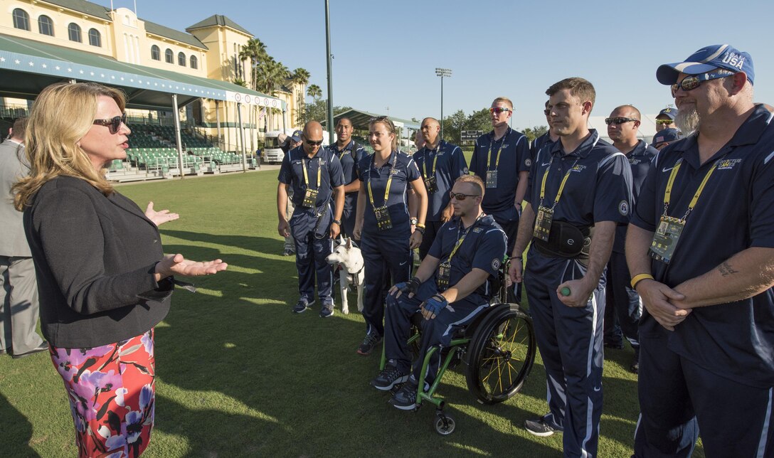 Air Force Secretary Deborah Lee James, left, speaks to U.S. athletes before the Invictus Games 2016 opening ceremony in Orlando, Fla., May 8, 2016. DoD photo by Roger Wollenberg