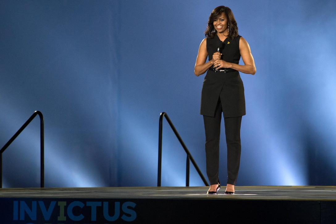 First Lady Michelle Obama speaks to athletes and audience members during the opening ceremony of the Invictus Games 2016 in Orlando, Fla., May 8, 2016. DoD photo by EJ Hersom