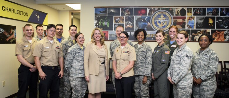 5/6/2016 -  -- Secretary of the Air Force Deborah Lee James, middle, stands with Joint Base Charleston exceptional performers May 6, 2016, at JB Charleston, South Carolina. To the Secretary's left in the back row are our own Lt. Col. James Rigsbee and Maj. Kimberly Champagne.  James had the opportunity to listen to each of their stories and accomplishments as well as answering any questions they had for her. (U.S. Air Force Photo/Senior Airman Clayton Cupit)