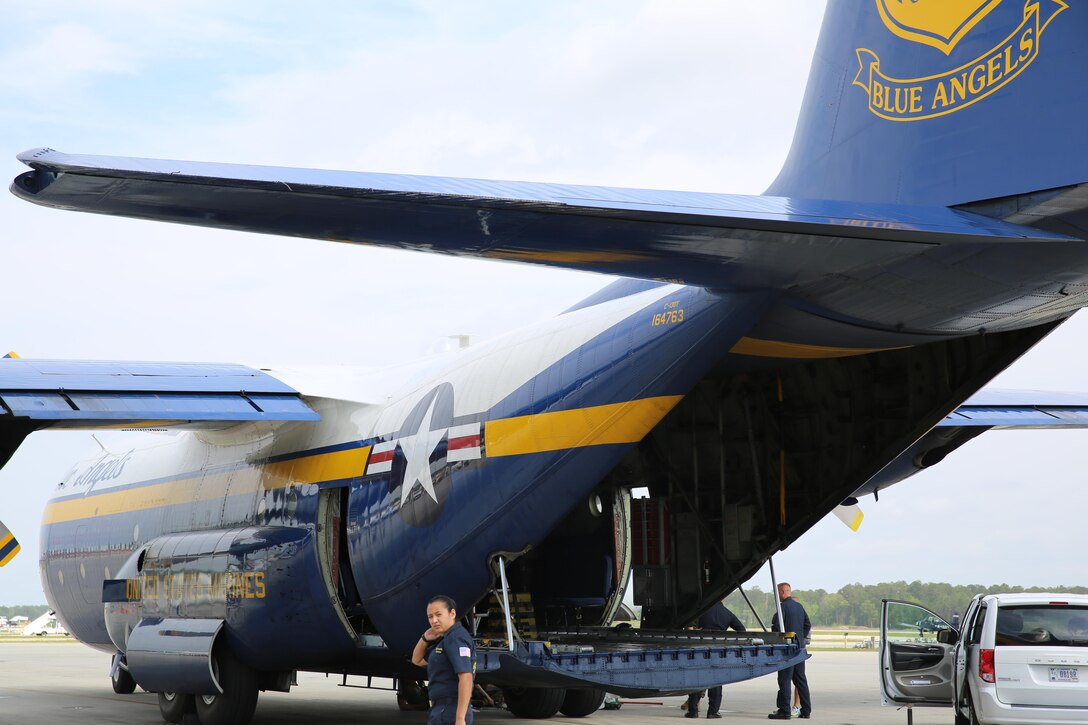 The U.S. Navy Blue Angels C-130J Super Hercules sits static on the flight line prior to the 2016 Marine Corps Air Station Cherry Point Air Show -- 
Celebrating 75 Years" at MCAS Cherry Point, N.C., April 28, 2016. The Blue Angels showcase the pride and professionalism of the Navy and the Marine Corps by inspiring a culture of excellence and service to country through flight demonstrations and community outreach. This year’s air show celebrated MCAS Cherry Point and 2nd Marine Aircraft Wing’s 75th anniversary and featured 40 static displays, 17 aerial performers, as well as a concert. (U.S. Marine Corps photo by Lance Cpl. Mackenzie Gibson/Released)