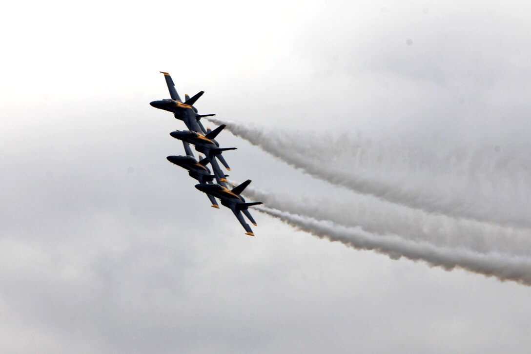 The U.S. Navy Blue Angels perform at the 2016 MCAS Cherry Point Air Show – “Celebrating 75 Years” at Marine Corps Air Station Cherry Point, N.C., May 1, 2016. Blue Angels showcase the pride and professionalism of the Navy and the Marine Corps by inspiring a culture of excellence and service to country through flight demonstrations and community outreach. This year’s air show celebrated MCAS Cherry Point and 2nd Marine Aircraft Wing’s 75th anniversary and featured 40 static displays, 17 aerial performers, as well as a concert. (U.S. Marine Corps photo by Cpl. Jason R. Jimenez/Released)