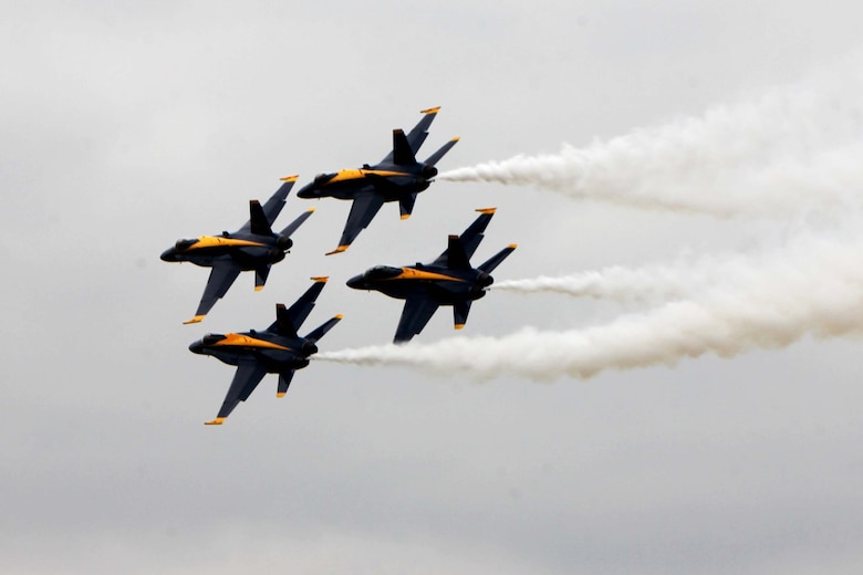 The U.S. Navy Blue Angels perform at the 2016 MCAS Cherry Point Air Show – “Celebrating 75 Years” at Marine Corps Air Station Cherry Point, N.C., May 1, 2016. Blue Angels showcase the pride and professionalism of the Navy and the Marine Corps by inspiring a culture of excellence and service to country through flight demonstrations and community outreach. This year’s air show celebrated MCAS Cherry Point and 2nd Marine Aircraft Wing’s 75th anniversary and featured 40 static displays, 17 aerial performers, as well as a concert. (U.S. Marine Corps photo by Cpl. Jason R. Jimenez/Released)