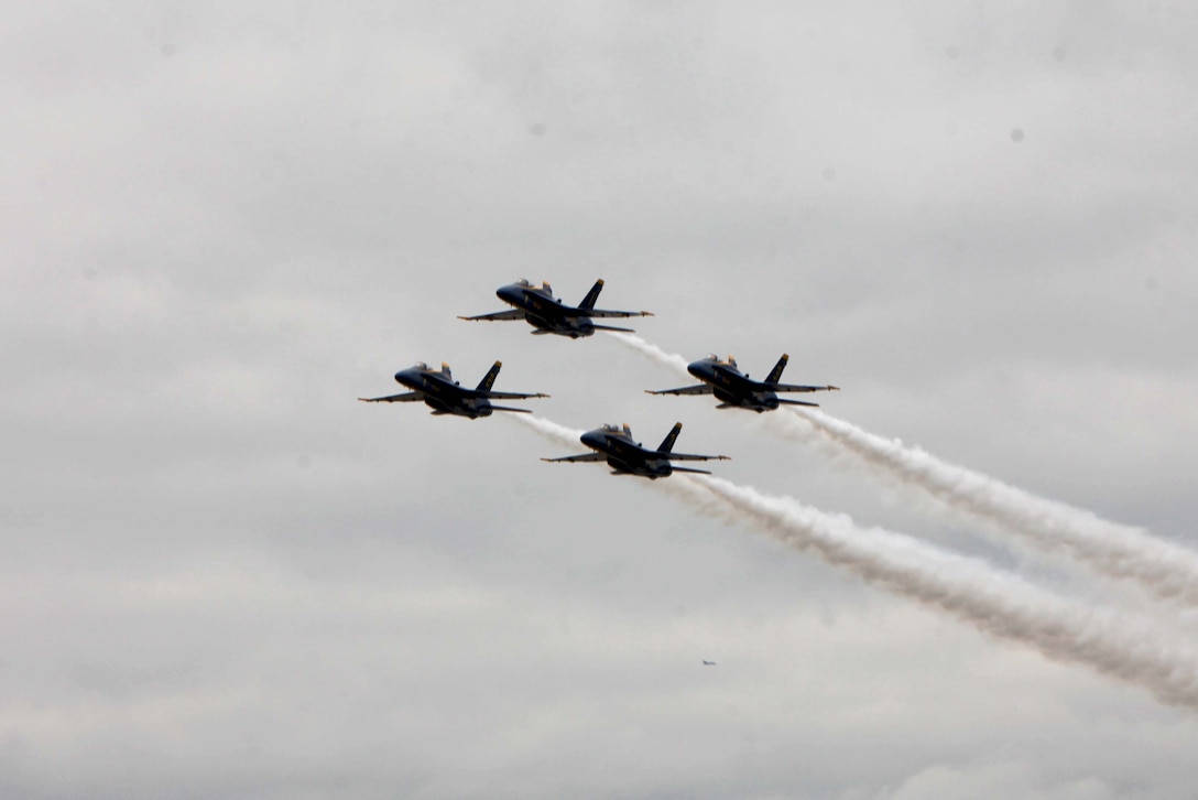 The U.S. Navy Blue Angels perform at the 2016 MCAS Cherry Point Air Show – “Celebrating 75 Years” at Marine Corps Air Station Cherry Point, N.C., May 1, 2016. Blue Angels showcase the pride and professionalism of the Navy and the Marine Corps by inspiring a culture of excellence and service to country through flight demonstrations and community outreach. This year’s air show celebrated MCAS Cherry Point and 2nd Marine Aircraft Wing’s 75th anniversary and featured 40 static displays, 17 aerial performers, as well as a concert. (U.S. Marine Corps photo by Cpl. Jason R. Jimenez/Released)