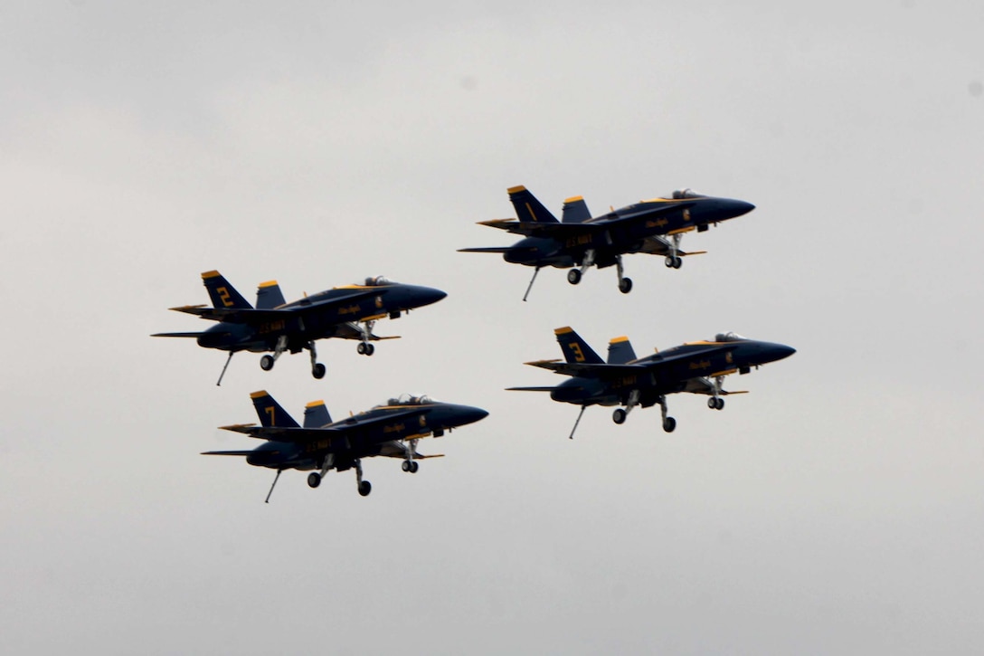 The U.S. Navy Blue Angels perform at the 2016 MCAS Cherry Point Air Show – “Celebrating 75 Years” at Marine Corps Air Station Cherry Point, N.C., May 1, 2016. Blue Angels showcase the pride and professionalism of the Navy and the Marine Corps by inspiring a culture of excellence and service to country through flight demonstrations and community outreach. This year’s air show celebrated MCAS Cherry Point and 2nd Marine Aircraft Wing’s 75th anniversary and featured 40 static displays, 17 aerial performers, as well as a concert. (U.S. Marine Corps photo by Cpl. Jason R. Jimenez/Released)