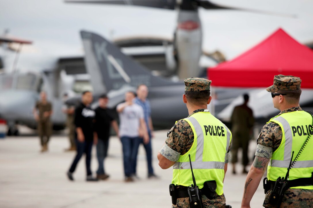Members of the Provost Marshal's Office  provide security at the 2016 MCAS Cherry Point Air Show – “Celebrating 75 Years” at Marine Corps Air Station Cherry Point, N.C., April 29,30 and May 1, 2016.
This year’s air show celebrated MCAS Cherry Point and 2nd Marine Aircraft Wing’s 75th anniversaries and featured 40 static displays, 17 aerial performers and a concert.
