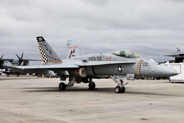 An F/A-18 Hornet with Marine Fighter Attack Squadron 312 sits static on the flight line during the 2016 MCAS Cherry Point Air Show --  "Celebrating 75 Years" at Marine Corps Air Station Cherry Point, N.C., April 29, 30 and May 1, 2016. This years air show celebrated the 75th anniversary of 2nd Marine Aircraft Wing and MCAS Cherry Point and featured 40 static displays and 17 aerial performers. 