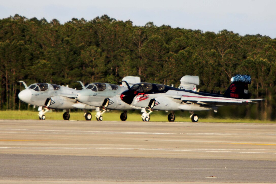 Marine Tactical Electronic Warfare Training Squadron 1 hosts their deactivation ceremony during the 2016 Marine Corps Air Station Cherry Point Air Show -- "Celebrating 75 Years" at MCAS Cherry Point, N.C., April 29, 2016. This year’s air show celebrated MCAS Cherry Point and 2nd Marine Aircraft Wing’s 75th anniversaries and featured 40 static displays, 17 aerial performers and a concert.