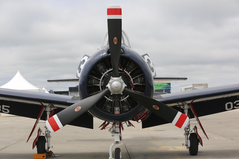 A T-28B Trojan sits on display at the 2016 MCAS Cherry Point Air Show – “Celebrating 75 Years” at Marine Corps Air Station Cherry Point, N.C., April 29, 2016. The Trojan Horsemen are a T-28 Warbird Formation Aerobatic Demo Team is the only six-ship T-28 Warbird formation demonstration team performing in the world today. This year’s air show celebrated MCAS Cherry Point and 2nd Marine Aircraft Wing’s 75th anniversary and is as much fun on the ground as it is in the air featuring 40 static displays, 17 aerial performers, as well as a concert. (U.S. Marine Corps photo by Lance Cpl. Mackenzie Gibson/ Released)