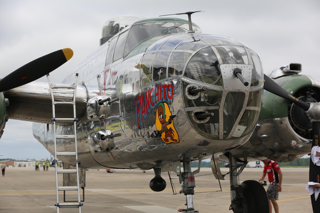 The B-52 Bomber "Panchito" sits on display on the flight line at the 2016 Marine Corps Air Station Cherry Point Air Show -- 
Celebrating 75 Years" at MCAS Cherry Point, N.C., April 29, 2016. The North American B25 was among the famous twin engine medium bombers used during World War II. (U.S. Marine Corps photo by Lance Cpl. Mackenzie Gibson/ Released)