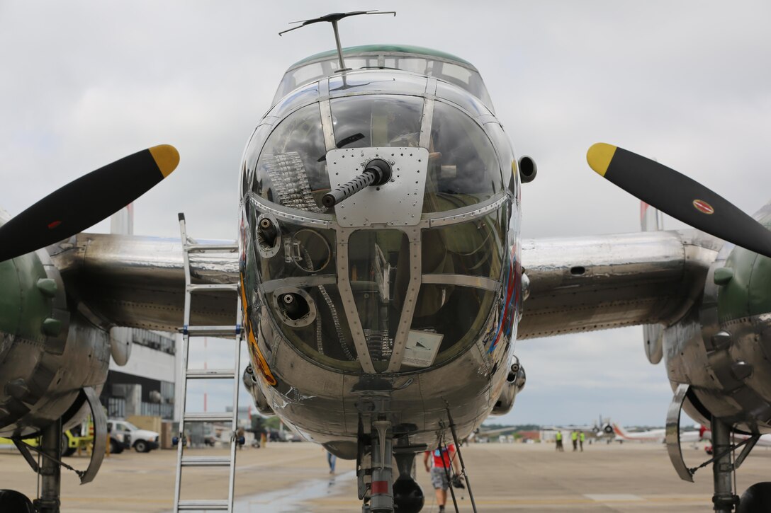 The B-52 Bomber "Panchito" sits on display on the flight line at the 2016 Marine Corps Air Station Cherry Point Air Show -- 
Celebrating 75 Years" at MCAS Cherry Point, N.C., April 29, 2016. The North American B25 was among the famous twin engine medium bombers used during World War II. (U.S. Marine Corps photo by Lance Cpl. Mackenzie Gibson/ Released)