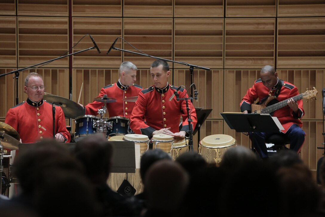 On May 8, 2016, the Marine Latin Jazz Ensemble presented a concert in John Philip Sousa Band Hall at the Marine Barrack Annex in Washington, D.C. The program featured salsa, Afro-Cuban, Venezuelan music, Mambo, cha-cha, and a few modern arrangements. (U.S. Marine Corps photo by Master Sgt. Amanda Simmons/released)