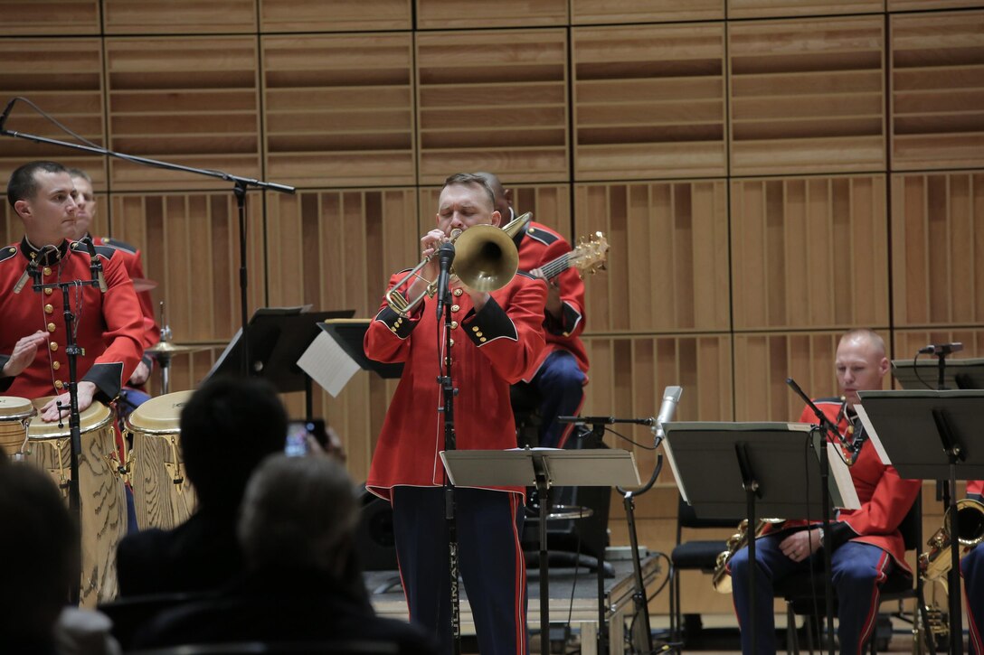 On May 8, 2016, the Marine Latin Jazz Ensemble presented a concert in John Philip Sousa Band Hall at the Marine Barrack Annex in Washington, D.C. The program featured salsa, Afro-Cuban, Venezuelan music, Mambo, cha-cha, and a few modern arrangements. (U.S. Marine Corps photo by Master Sgt. Amanda Simmons/released)