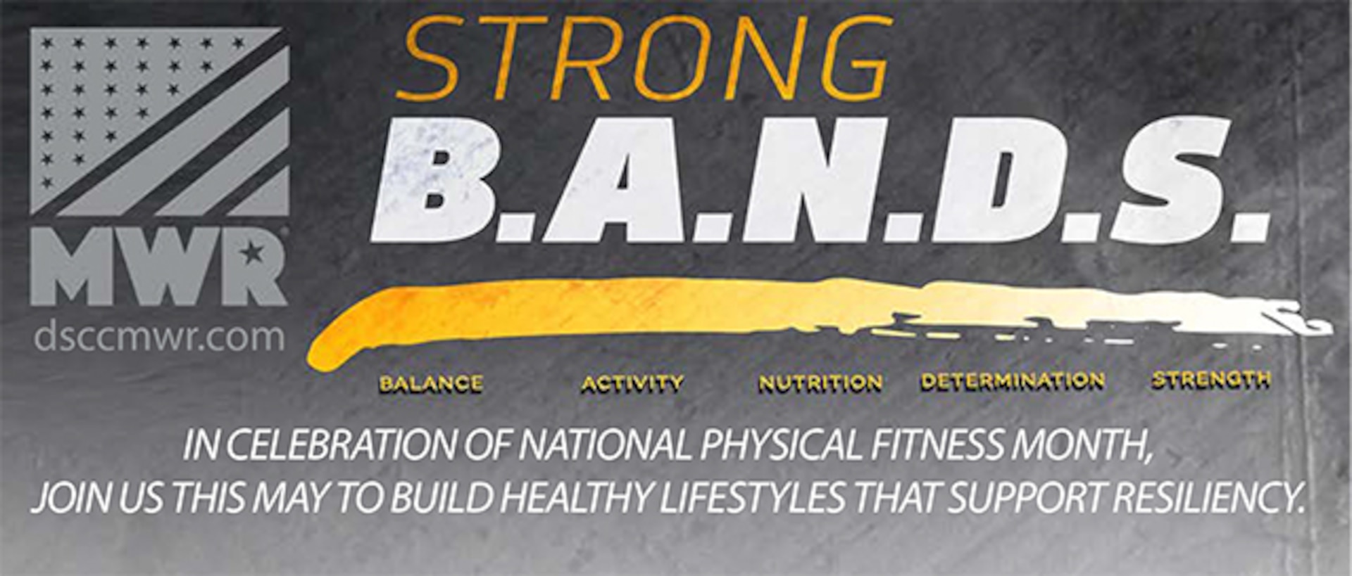 DSCC MWR will use the Strong B.A.N.D.S. campaign to promote fitness, wellness and resiliency during National Physical Fitness and Sports Month in May. DSCC MWR is offering five events to DSCC Associates, Military and families focused on Balance, Activity, Nutrition, Determination and Strength (B.A.N.D.S.) -- all key components of overall well-being and resiliency.