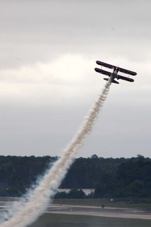 The PT-17 Stearman displays its great power while conducting a demonstration at the 2016 MCAS Cherry Point Air Show – “Celebrating 75 Years” at Marine Corps Air Station Cherry Point, N.C., April 30, 2016.
The PT-17 Stearman is powered by a nine-cylinder, 450 horsepower Pratt and Whitney Wasp engine, began as a basic flight trainer for the U.S. Army Air Corps in 1942. Since then, the aircraft was reconstructed to be faster and capable of inverted flight. This year’s air show celebrated MCAS Cherry Point and 2nd Marine Aircraft Wing’s 75th anniversaries and featured 40 static displays, 17 aerial performers and a concert.