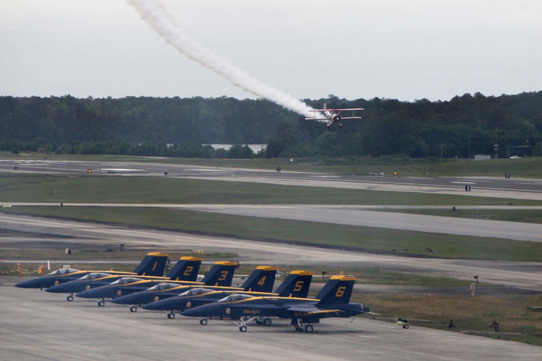 The PT-17 Stearman displays its great power while conducting a demonstration at the 2016 MCAS Cherry Point Air Show – “Celebrating 75 Years” at Marine Corps Air Station Cherry Point, N.C., April 30, 2016.
The PT-17 Stearman is powered by a nine-cylinder, 450 horsepower Pratt and Whitney Wasp engine, began as a basic flight trainer for the U.S. Army Air Corps in 1942. Since then, the aircraft was reconstructed to be faster and capable of inverted flight. This year’s air show celebrated MCAS Cherry Point and 2nd Marine Aircraft Wing’s 75th anniversaries and featured 40 static displays, 17 aerial performers and a concert.