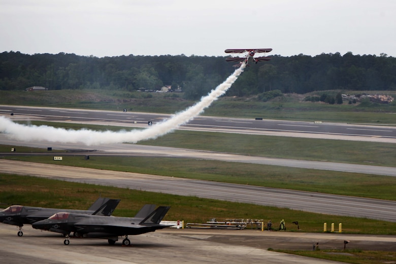 The PT-17 Stearman displays its great power while conducting a demonstration at the 2016 MCAS Cherry Point Air Show – “Celebrating 75 Years” at Marine Corps Air Station Cherry Point, N.C., April 30, 2016.
The PT-17 Stearman is powered by a nine-cylinder, 450 horsepower Pratt and Whitney Wasp engine, began as a basic flight trainer for the U.S. Army Air Corps in 1942. Since then, the aircraft was reconstructed to be faster and capable of inverted flight. This year’s air show celebrated MCAS Cherry Point and 2nd Marine Aircraft Wing’s 75th anniversaries and featured 40 static displays, 17 aerial performers and a concert.